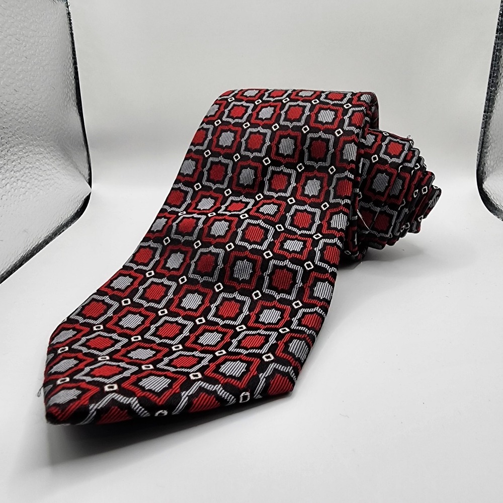 COUNTESS MARA Men's 100% Silk Necktie Designer Geometric Red/Silver/Black VGUC‎